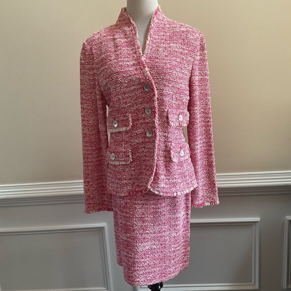 St. John Wool Blend Tweed Pink White Knee Length Skirt Suit Size 12